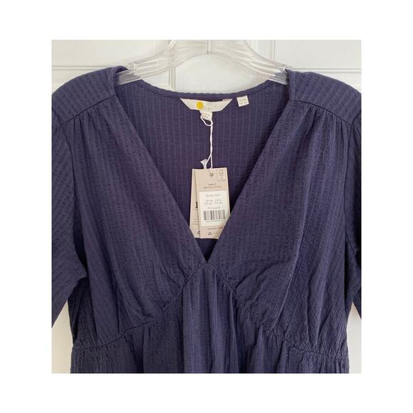 BODEN Navy Blue Jersey Seersucker Puff Sleeve V-Neck Cotton Midi Dress - Picture 8 of 11